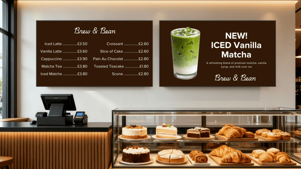 Digital menu boards in a cafe