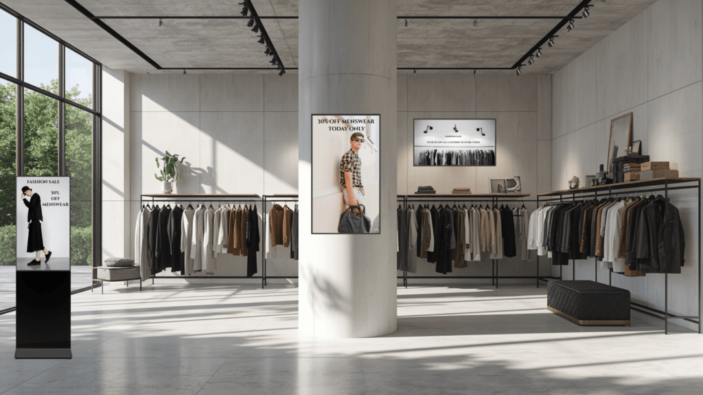 Menswear store with multiple Versi digital signage displays sharing sale advertisements