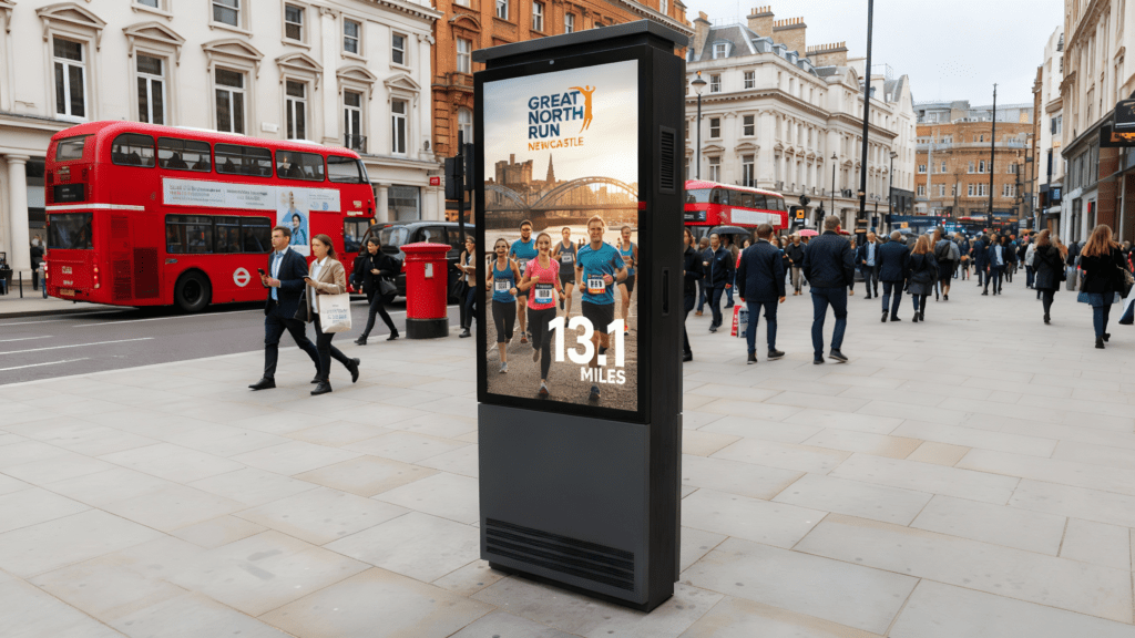 Versi Outdoor Floor Freestanding Digital Poster Kiosk in a city centre location