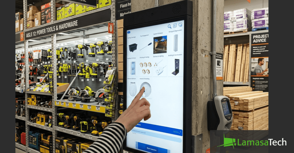 Ravo AI customer service kiosk in a home improvement store with LamasaTech logo