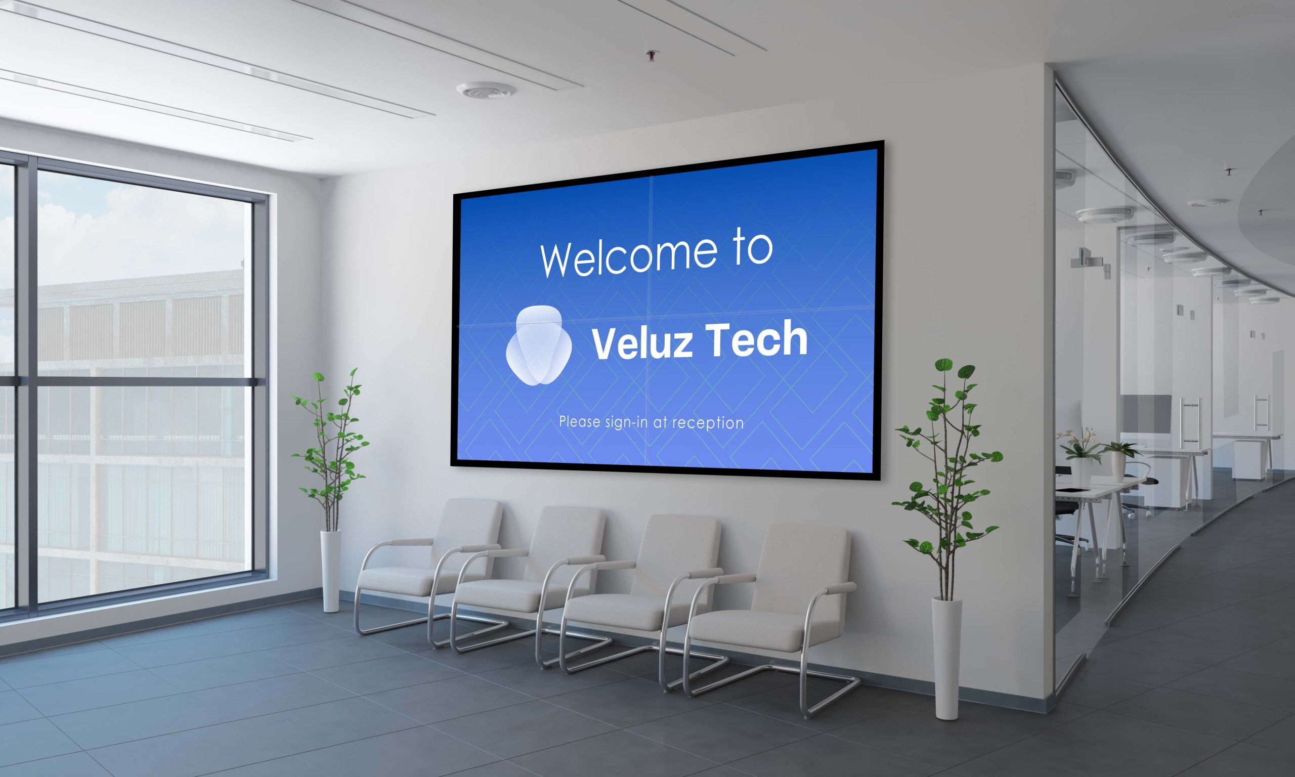 office wall mockup seamless video wall LamasaTech seamless video wall with welcome message at an office reception area