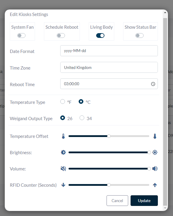 Kiosk settings screen