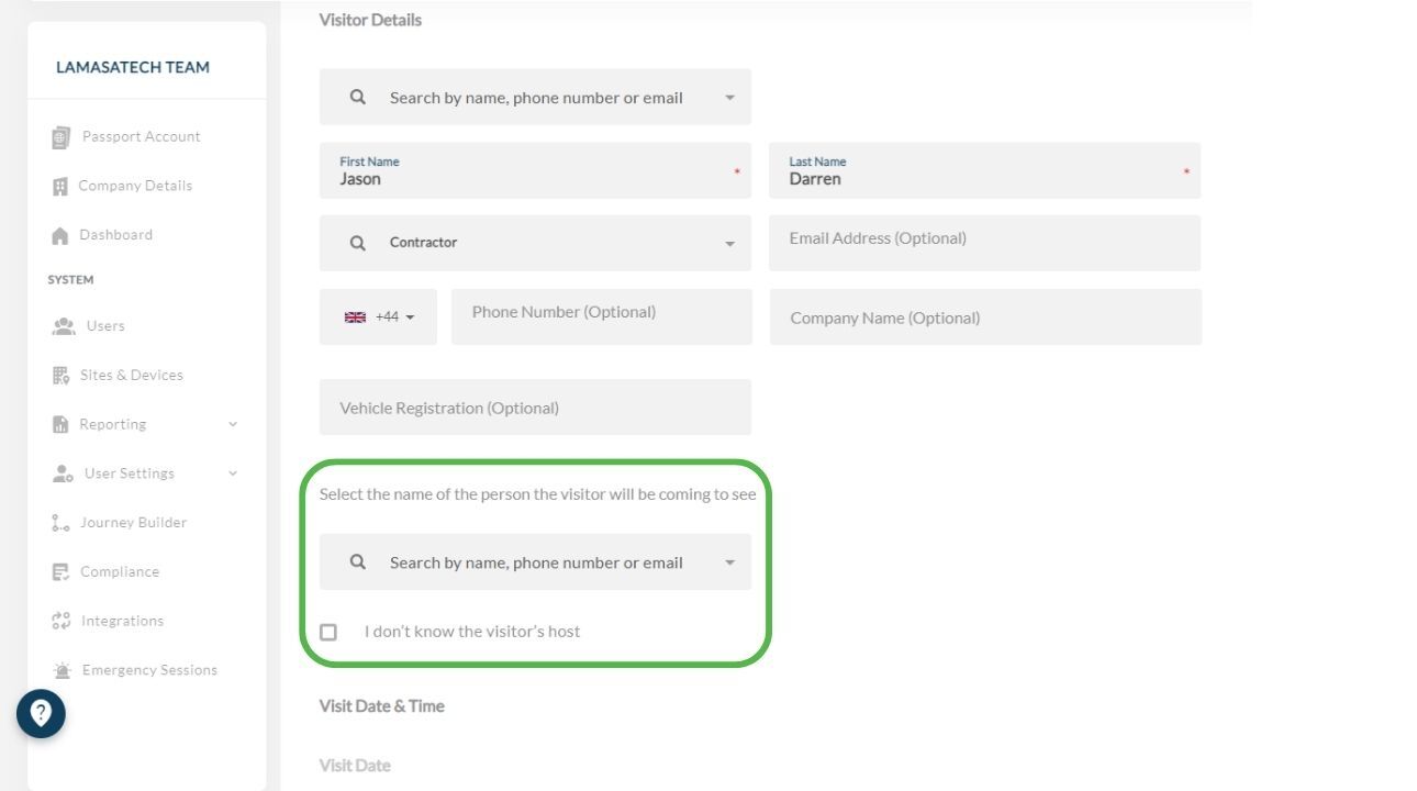 Adding a host to a visit from the dashboard