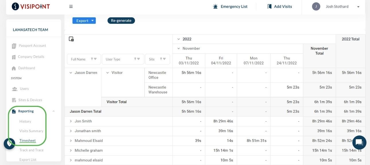 Timesheet page with generated timesheet