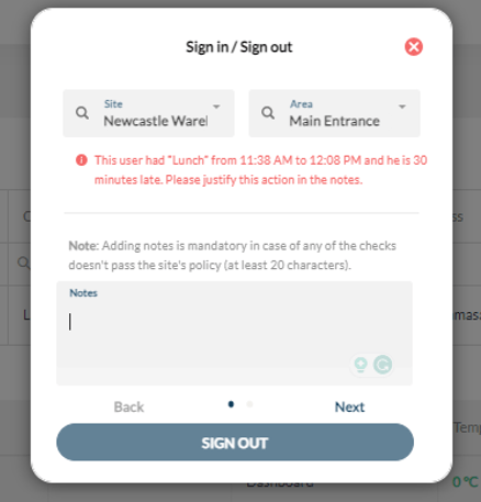 Attendance mode signing in on the dashboard after late return from lunch