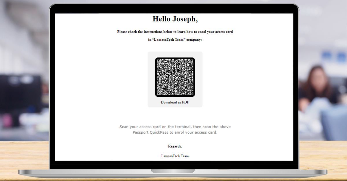 RFID enrolment email on a laptop screen