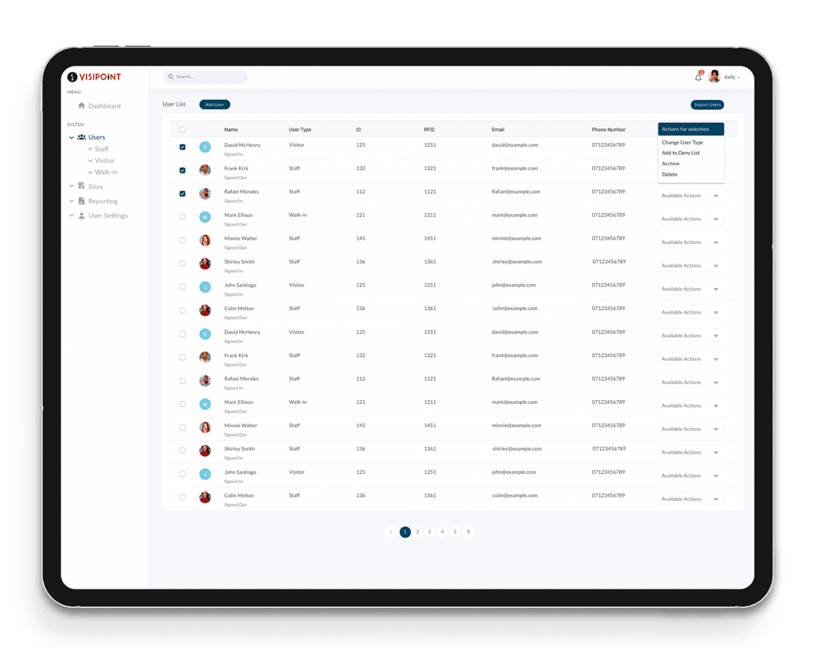 VisiPoint Cloud on Tablet- User Management Screen