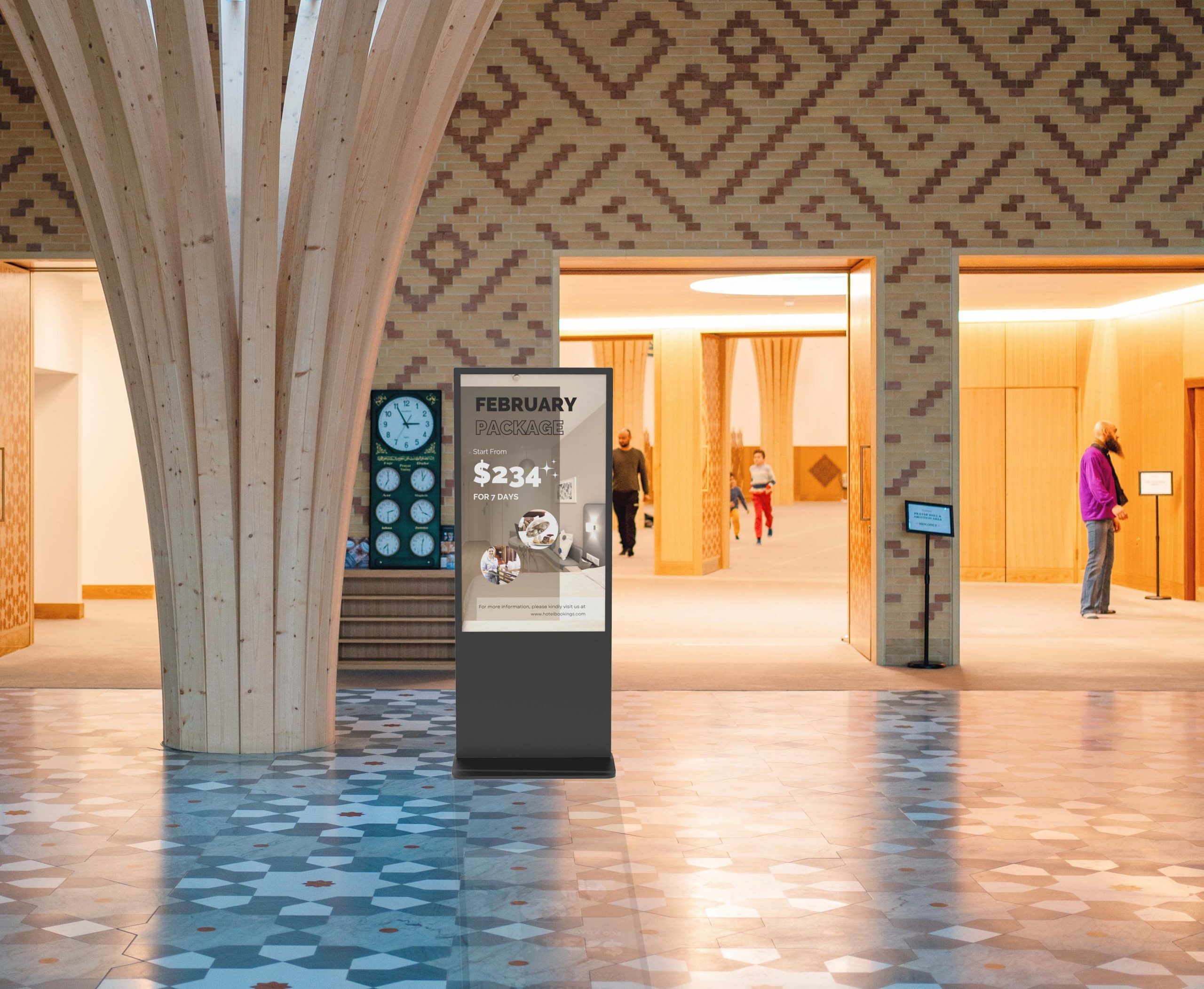 Indoor freestanding LamasaTech kiosk in hotel reception environment Indoor freestanding LamasaTech kiosk in hotel reception environment