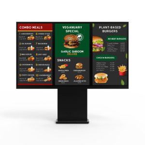 Triple screen Versi outdoor freestanding kiosk with QSR menu