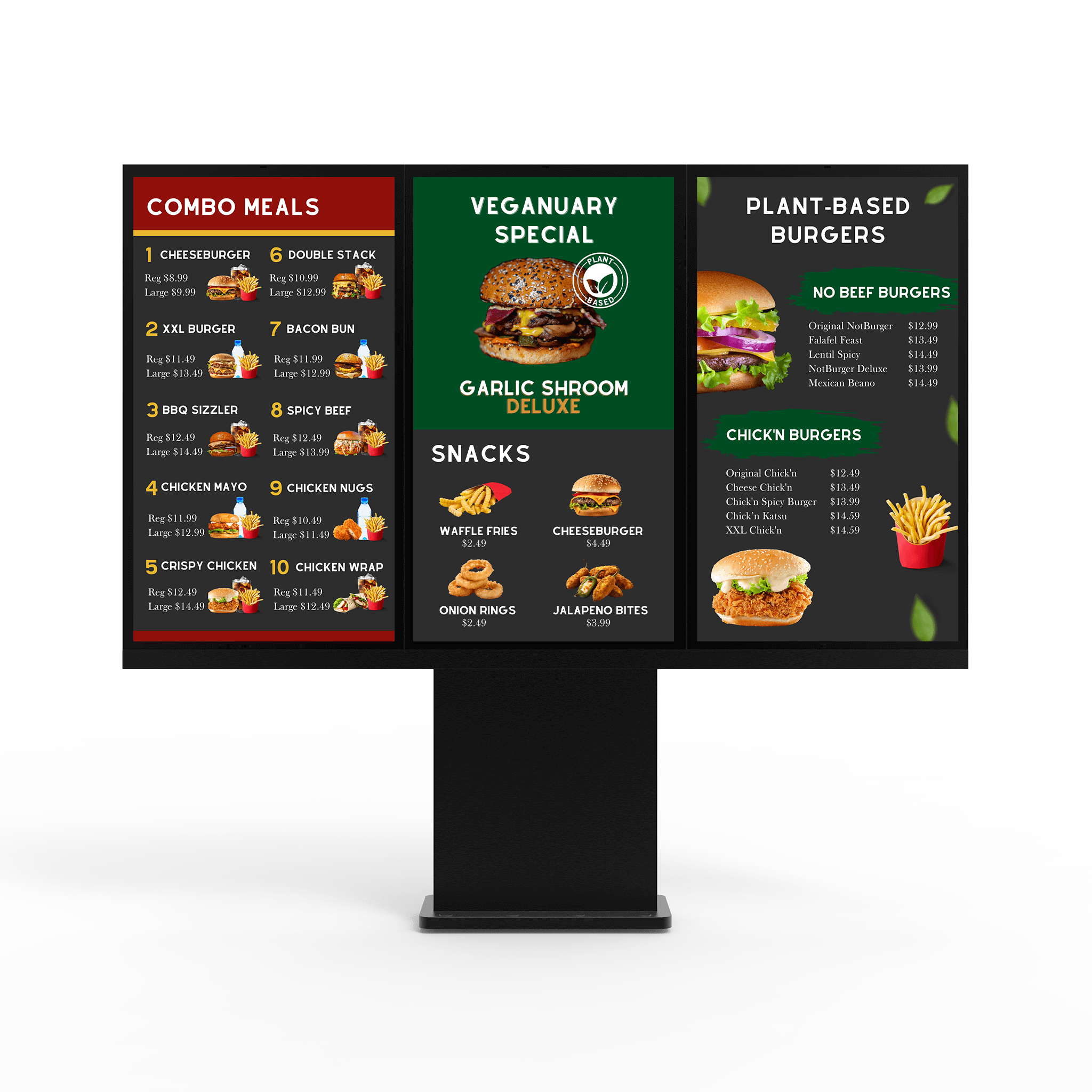 Triple screen Versi outdoor freestanding kiosk with QSR menu